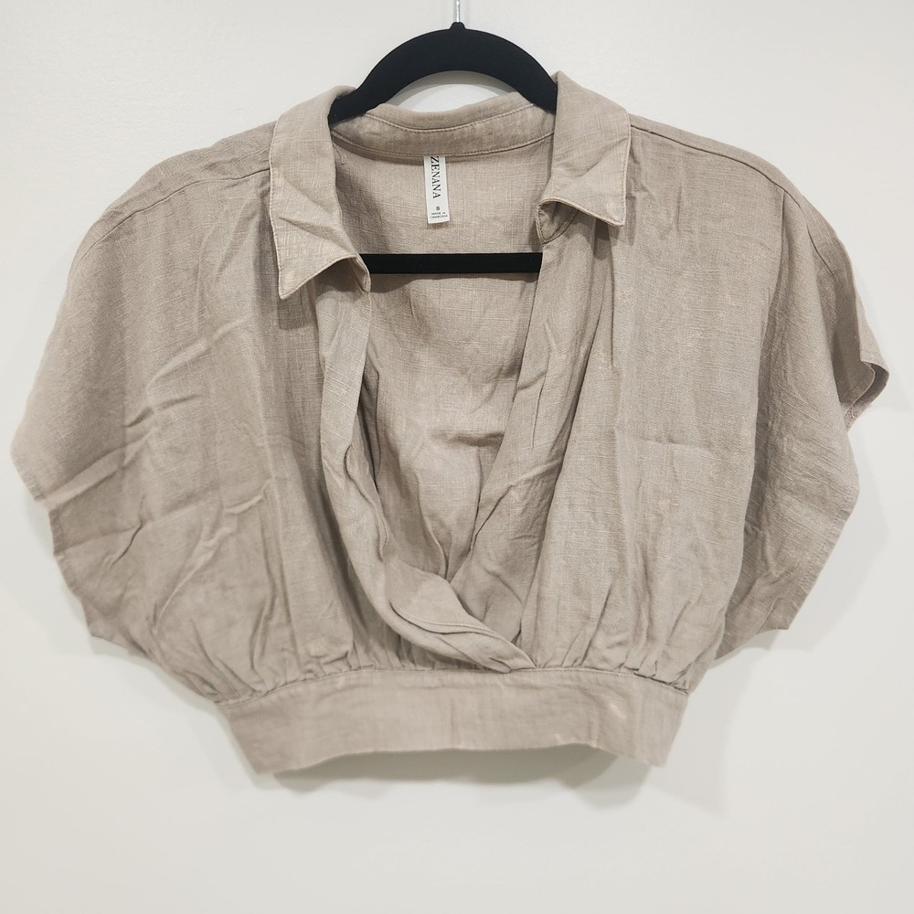 Zenana Women's Large Ash Mocha Linen Blend Surplice Crop Top Dolman Sleeve